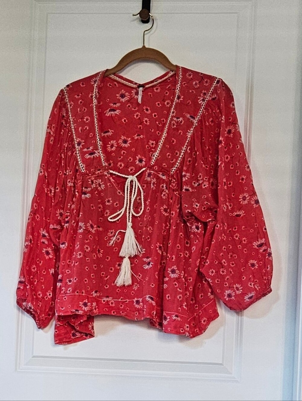 Free People Red Floral Boho Peasant Blouse with Tassel Tie